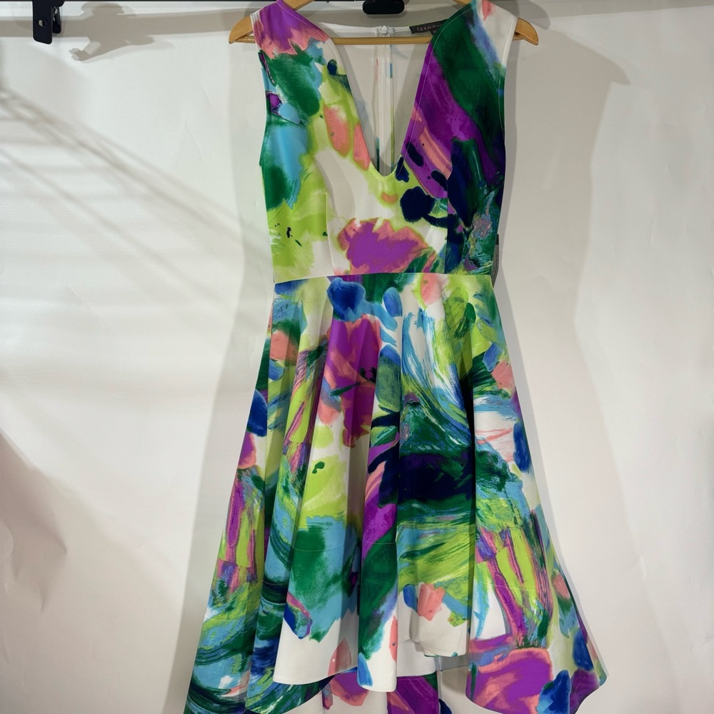 Issue New York Purple Green V neck Sleeveless Midi Dress